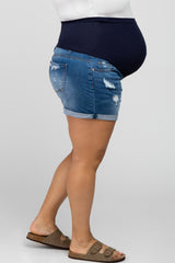 Blue Distressed Cuffed Hem Maternity Plus Denim Shorts