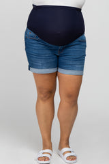 Blue Cuffed Hem Maternity Plus Denim Shorts