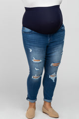 Blue Distressed Rolled Hem Maternity Plus Crop Jeans