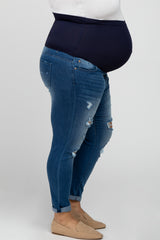 Blue Distressed Rolled Hem Maternity Plus Crop Jeans