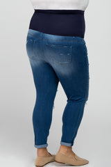 Blue Distressed Rolled Hem Maternity Plus Crop Jeans