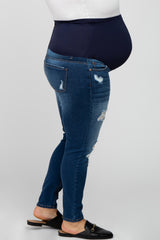 Navy Blue Distressed Cropped Maternity Plus Jeans