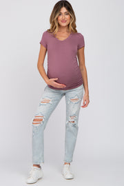 Light Blue Distressed Open Knee Cuffed Maternity Jeans