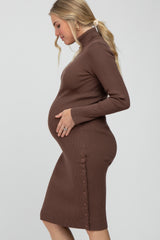 Brown Ribbed Turtleneck Button Accent Maternity Midi Dress