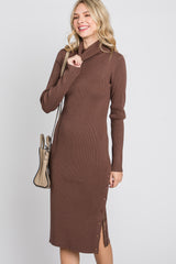 Brown Ribbed Turtleneck Button Accent Midi Dress