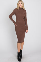 Brown Ribbed Turtleneck Button Accent Midi Dress