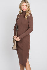 Brown Ribbed Turtleneck Button Accent Midi Dress