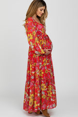 Red Floral Chiffon Square Neck Flowy Maternity Maxi Dress