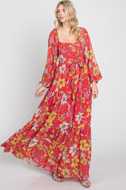 Red Floral Chiffon Square Neck Flowy Maxi Dress