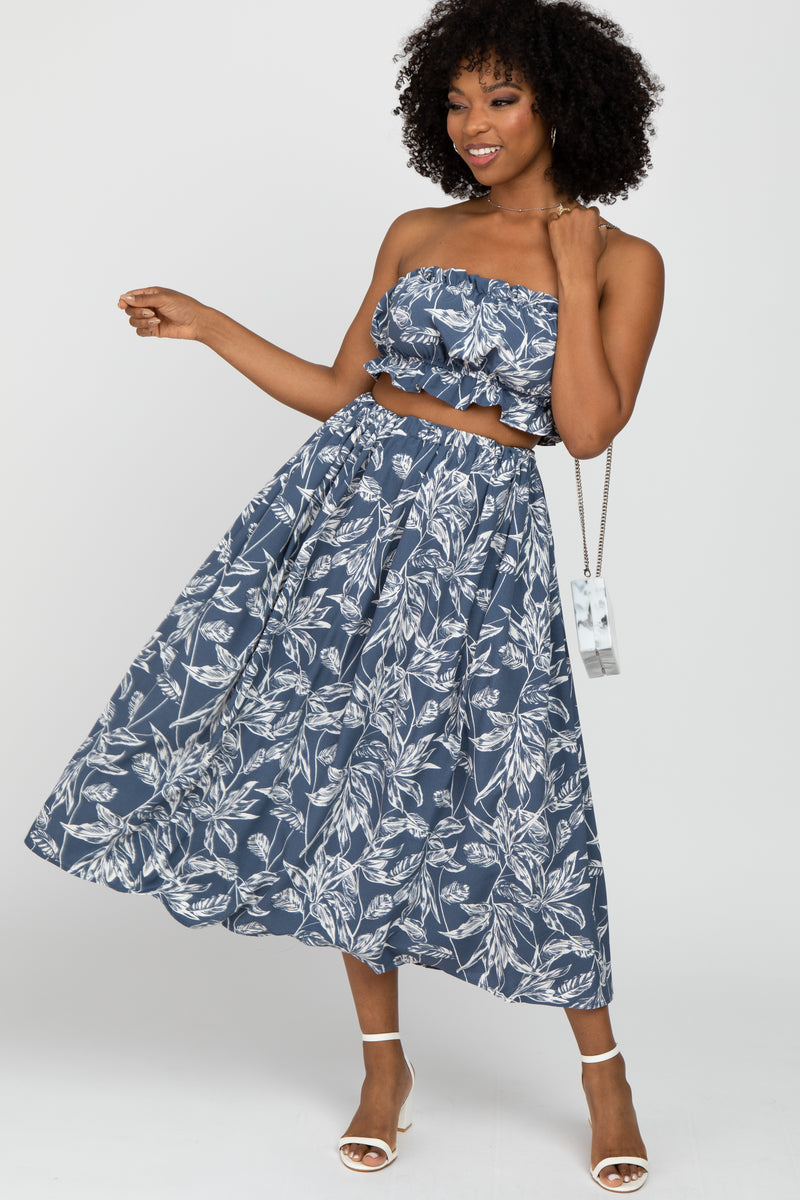 Blue Floral Print A-Line Skirt Set– PinkBlush