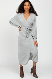 Heather Grey Wrap Sweater Knit Midi Dress