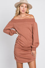 Salmon Off Shoulder Ruched Side French Terry Dress