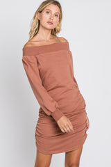 Salmon Off Shoulder Ruched Side French Terry Dress