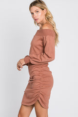 Salmon Off Shoulder Ruched Side French Terry Dress