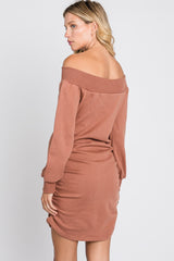 Salmon Off Shoulder Ruched Side French Terry Dress