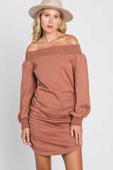 Salmon Off Shoulder Ruched Side French Terry Dress