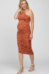 Rust Floral Ruched One Shoulder Maternity Dress