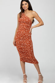 Rust Floral Ruched One Shoulder Dress