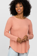 Peach Basic Waffle Knit Long Sleeve Top