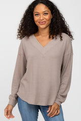 Taupe V Neck Waffle Knit Top