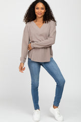 Taupe V Neck Waffle Knit Top