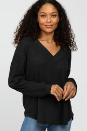 Black V Neck Waffle Knit Top