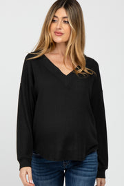 Black V Neck Waffle Knit Maternity Top