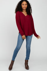 Burgundy V Neck Waffle Knit Top