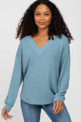 Light Blue V Neck Waffle Knit Top