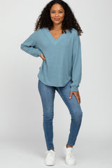 Light Blue V Neck Waffle Knit Top