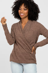 Mocha Brushed Ribbed Long Sleeve Wrap Top