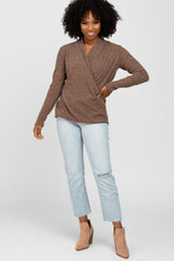 Mocha Brushed Ribbed Long Sleeve Wrap Top