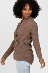 Mocha Brushed Ribbed Long Sleeve Wrap Top