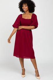 Burgundy Square Neck Smocked Midi Dress