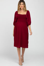 Burgundy Square Neck Smocked Maternity Midi Dress