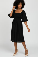 Black Square Neck Smocked Maternity Midi Dress