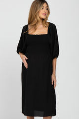 Black Square Neck Smocked Maternity Midi Dress