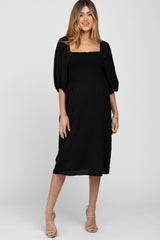 Black Square Neck Smocked Maternity Midi Dress