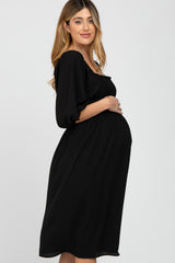 Black Square Neck Smocked Maternity Midi Dress