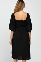 Black Square Neck Smocked Maternity Midi Dress