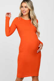 Rust Ribbed Fitted Long Sleeve Maternity Dress