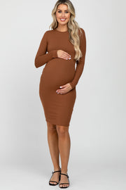 Camel Ribbed Fitted Long Sleeve Maternity Dress