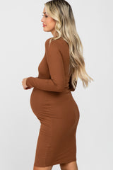 Camel Ribbed Fitted Long Sleeve Maternity Dress