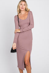 Mauve Ribbed Front Slit Midi Dress