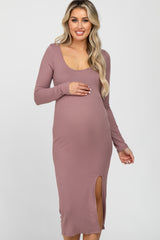 Mauve Ribbed Front Slit Maternity Midi Dress