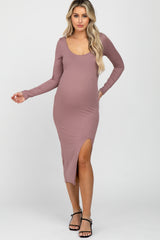 Mauve Ribbed Front Slit Maternity Midi Dress