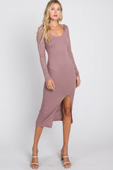 Mauve Ribbed Front Slit Midi Dress