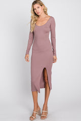 Mauve Ribbed Front Slit Midi Dress