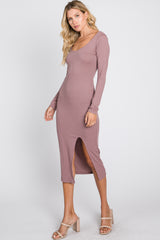 Mauve Ribbed Front Slit Midi Dress