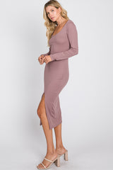 Mauve Ribbed Front Slit Midi Dress